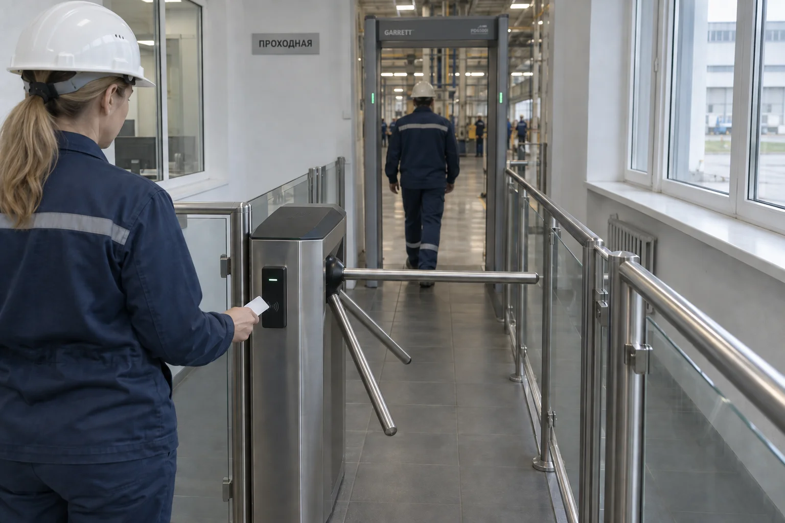 Сотрудница прикладывает карту к считывателю трипода, сзади проходят через металлодетектор